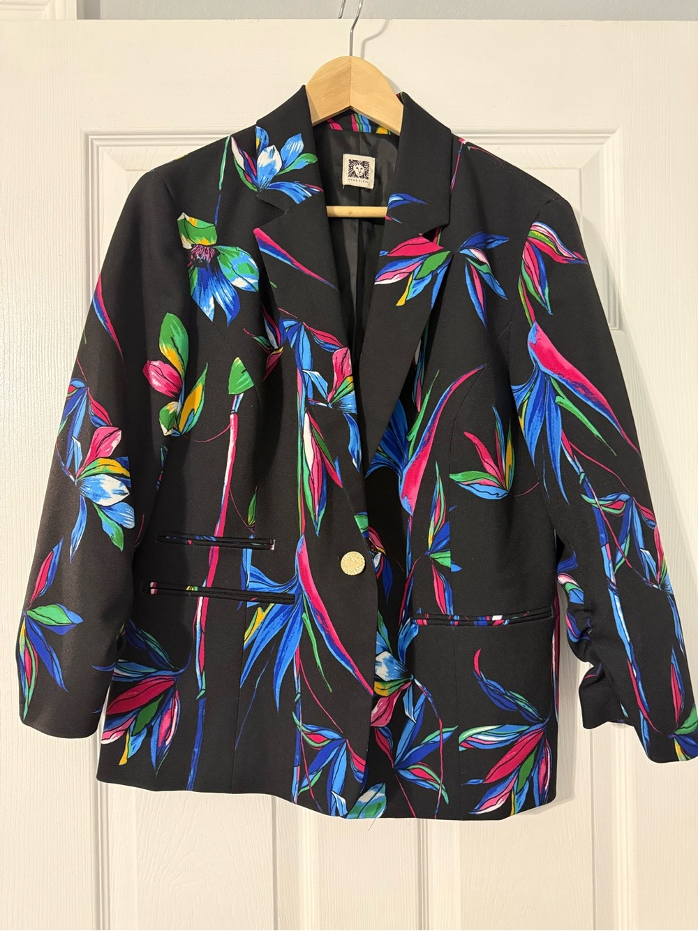 Vintage Anne Klein Blazer Womens Black Multicolor Floral Lion Button Jacket